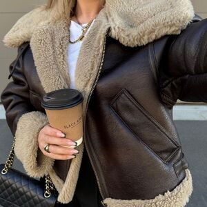 Zara cropped shearling leather fur jacket brown